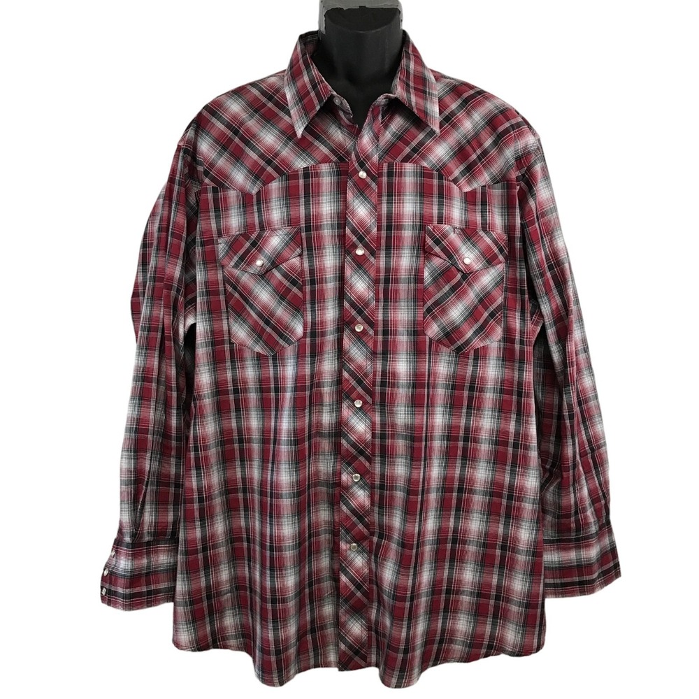 Wrangler Mens 2XL Western Shirt Big Red Black Plaid Pearl Snap Long Sleeve Rodeo